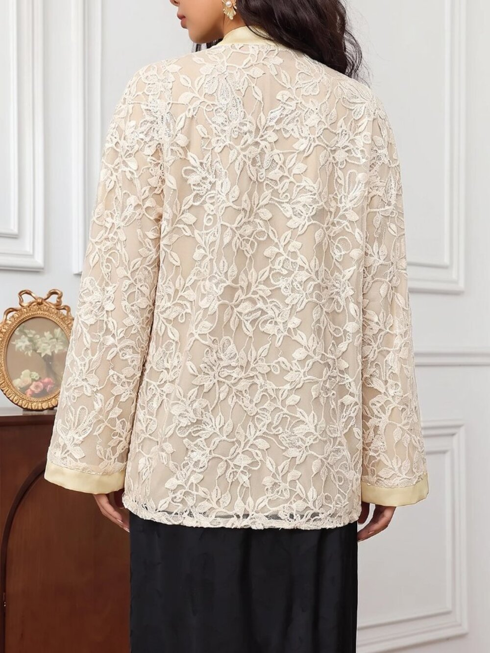Apricot Casual Women's Contrast Lace Sheer Tie Front Kimono Sleeve Jacket - Picture 2 of 8